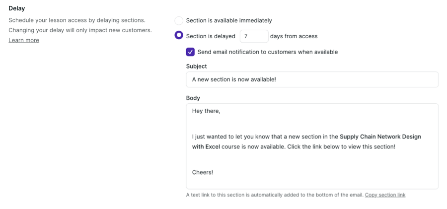 Podia's content dripping settings