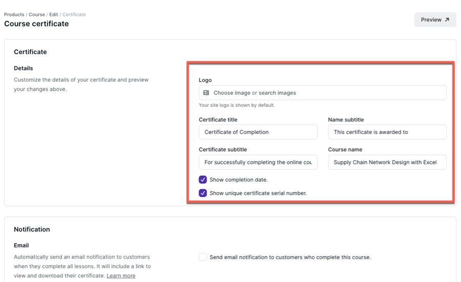 Podia's certificate settings