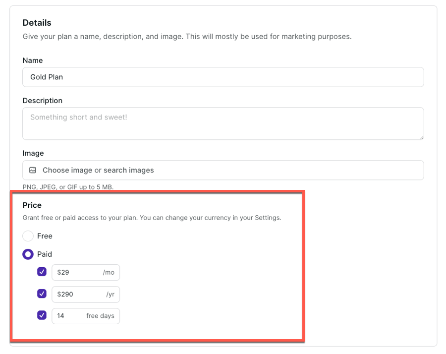 Subscription pricing options in Podia
