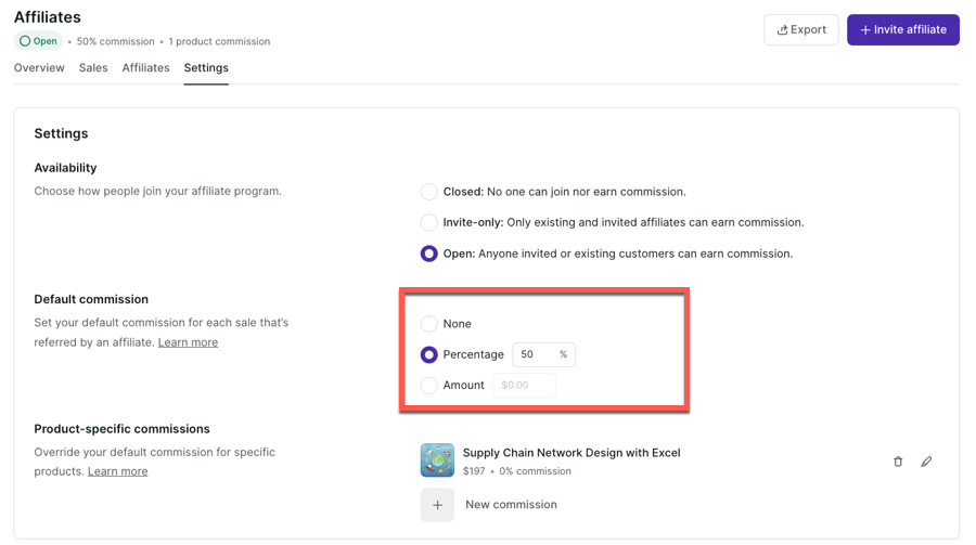 Podia's affiliate settings