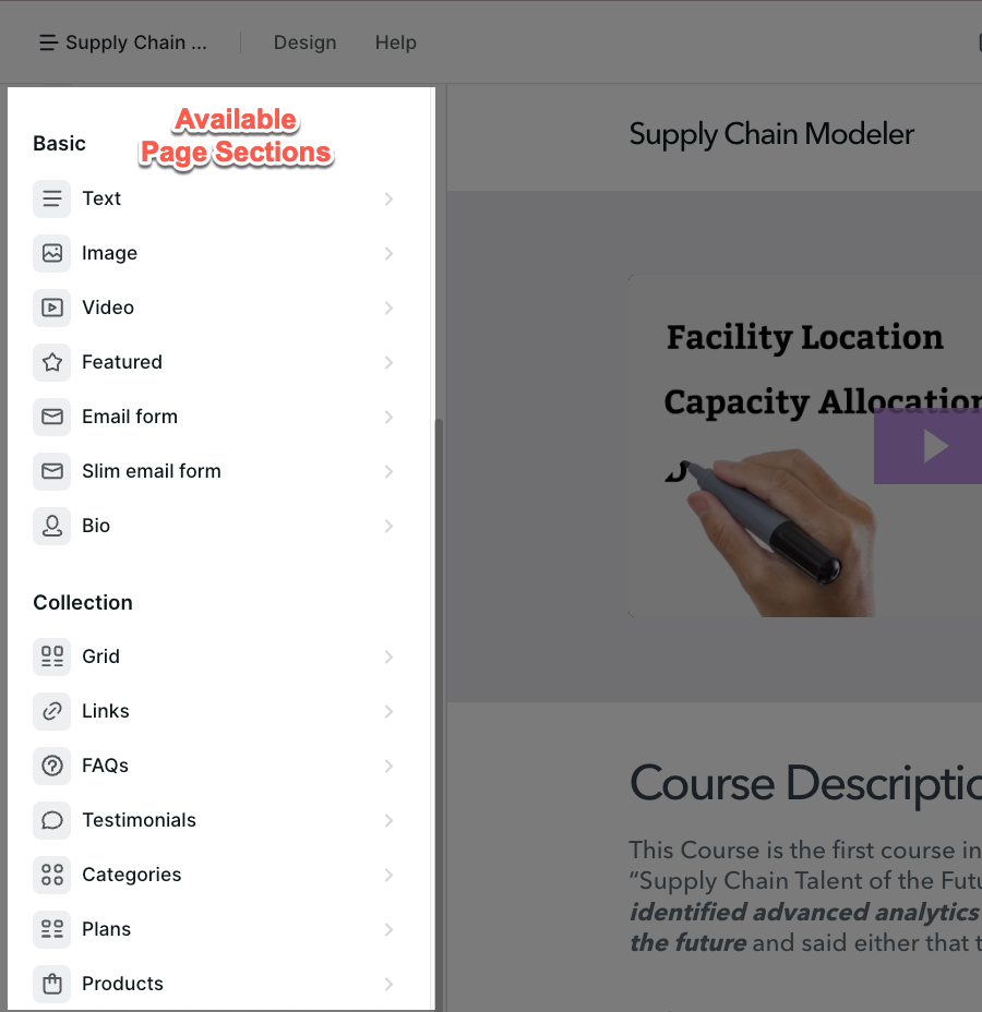 Available page sections in Podia