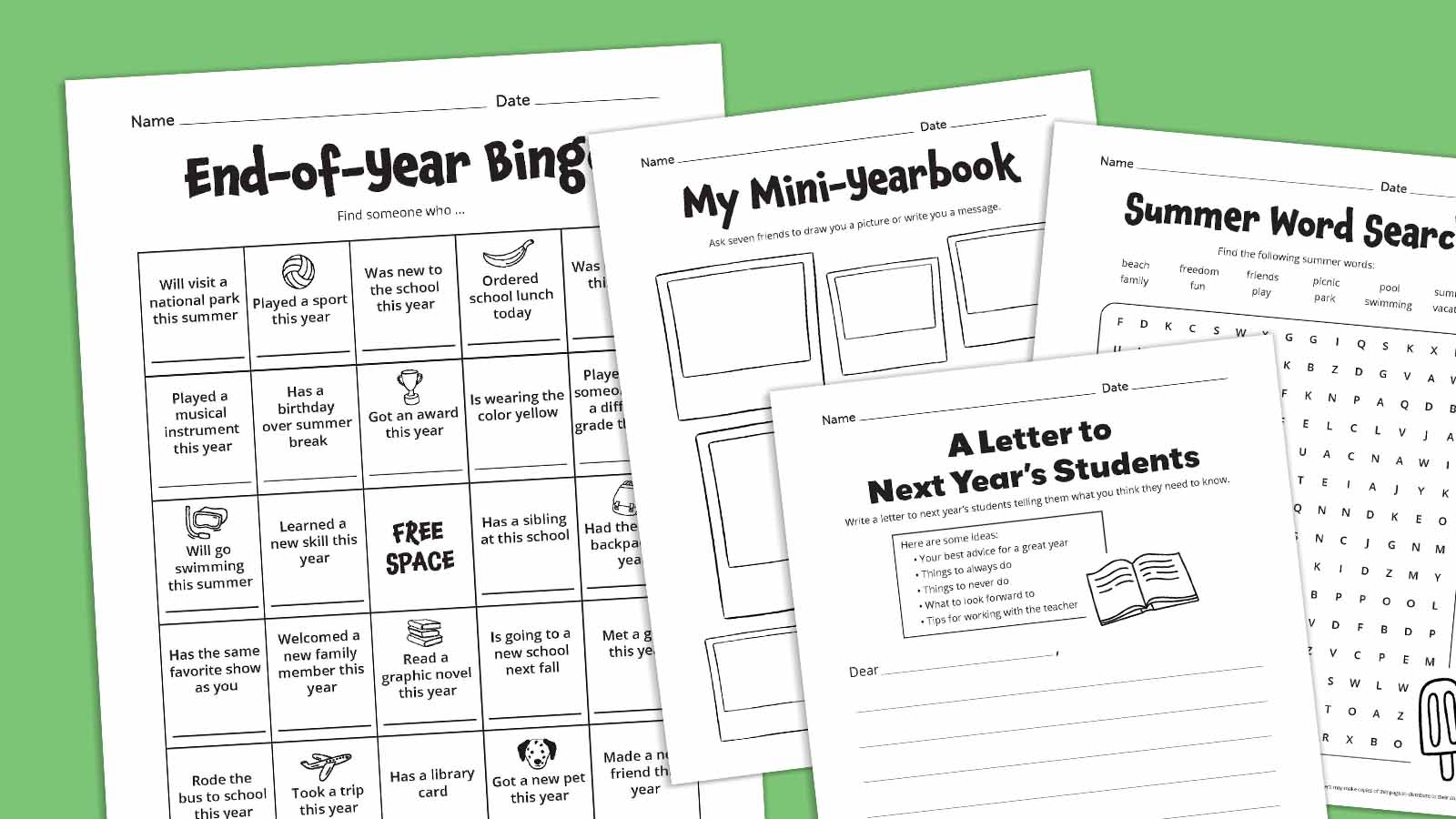 10 Free Printables To Celebrate the Last Day of School Flat lays of Last Day of School bundle