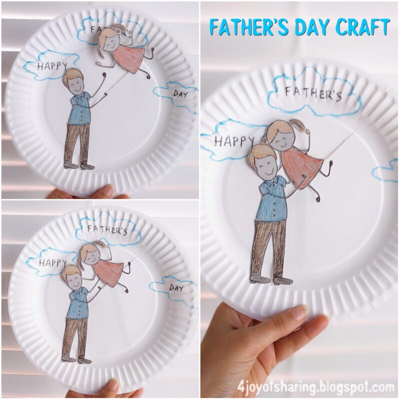 Paper Plate Craft A couple of views of a paper plate craft with a father tossing a little girl in the air is shown as an example of father's day crafts for kids
