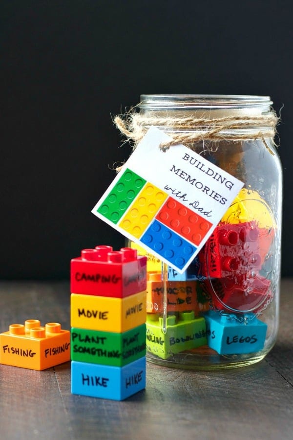 Building Memories With Dad LEGO bricks in a jar as an example of father's day crafts for kids