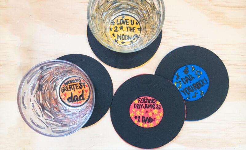 Upcycled Record Coasters Colorful coasters made from old records