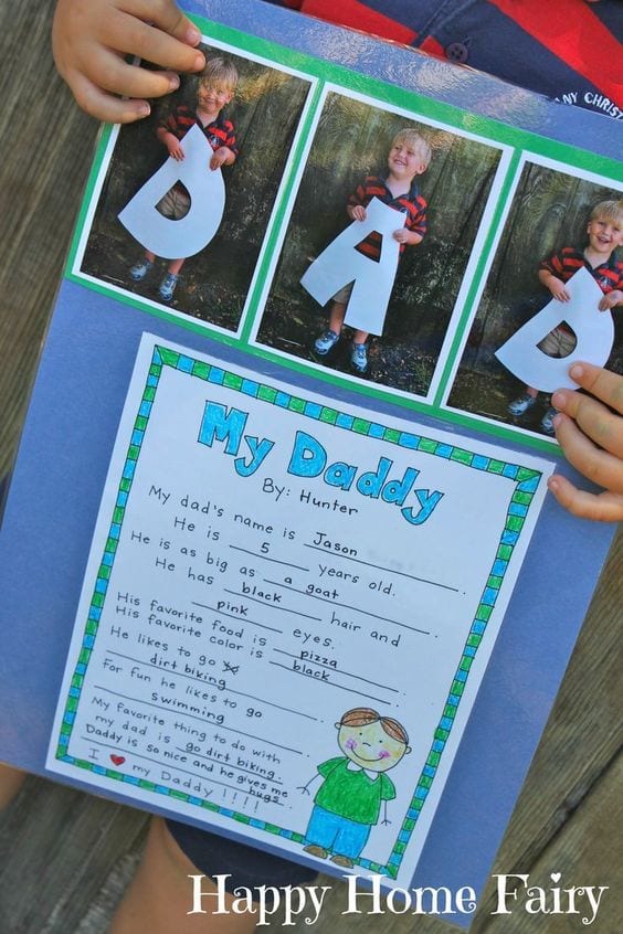 dad narrative A father's day card with three pictures of a boy holding the letter D, A and D and a paragraph describing his dad