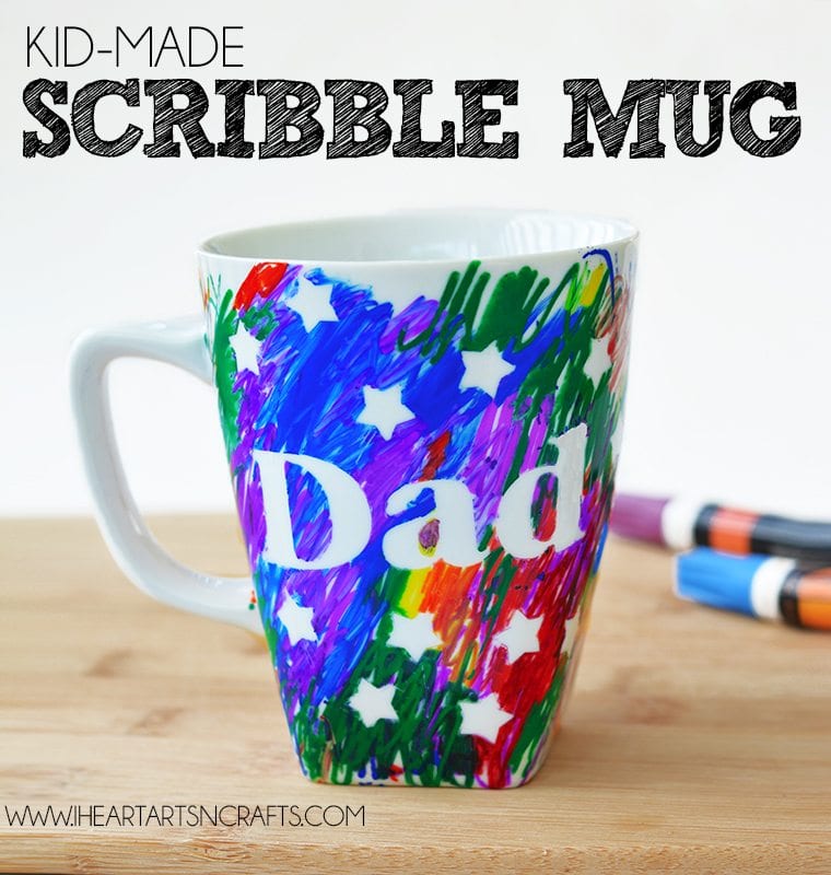Scribble Mug A white mug says Dad and is colored brightly.