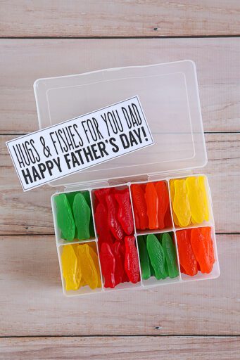 Swedish Fish Tackle Box Tackle box filled with Swedish Fish and a tag that says, "Hugs and Fishes for You Dad. Happy Father's Day!"