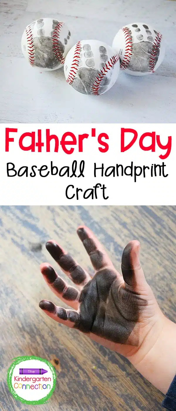 Handprint Baseball A child's hand with paint on it is shown on the bottom and three baseballs are shown with handprints on them