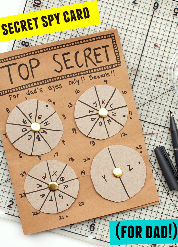 Spy Card A cardboard cutout says Top Secret at the top and has four separate spinners with codes on them.