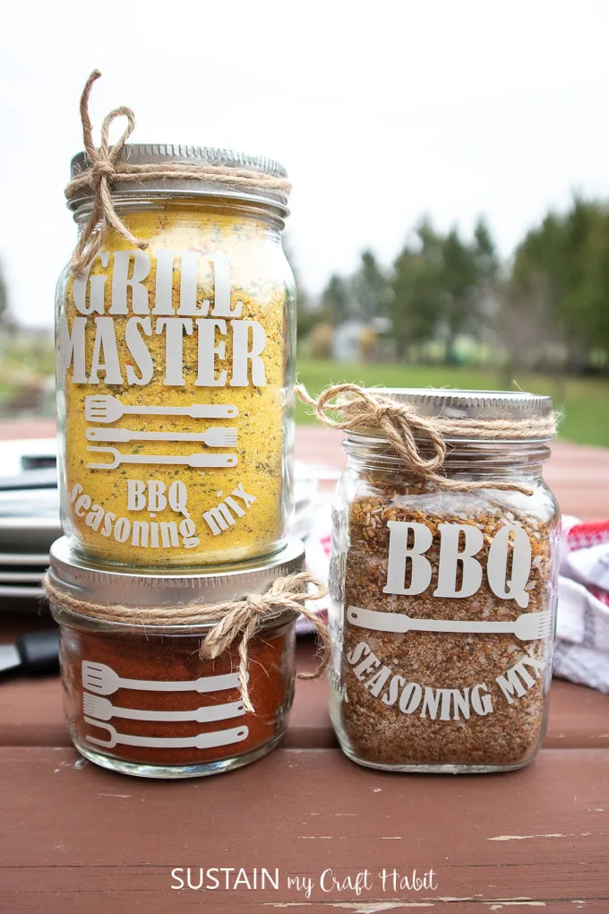 Seasoning-Jar Three jars are shown filled with different seasonings as an example of Father's Day crafts for kids.