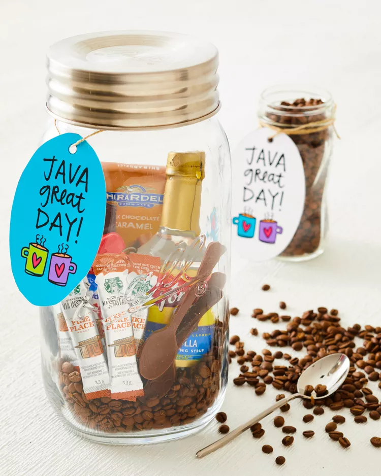 Coffee-Craft A glass jar has different coffee related items in it
