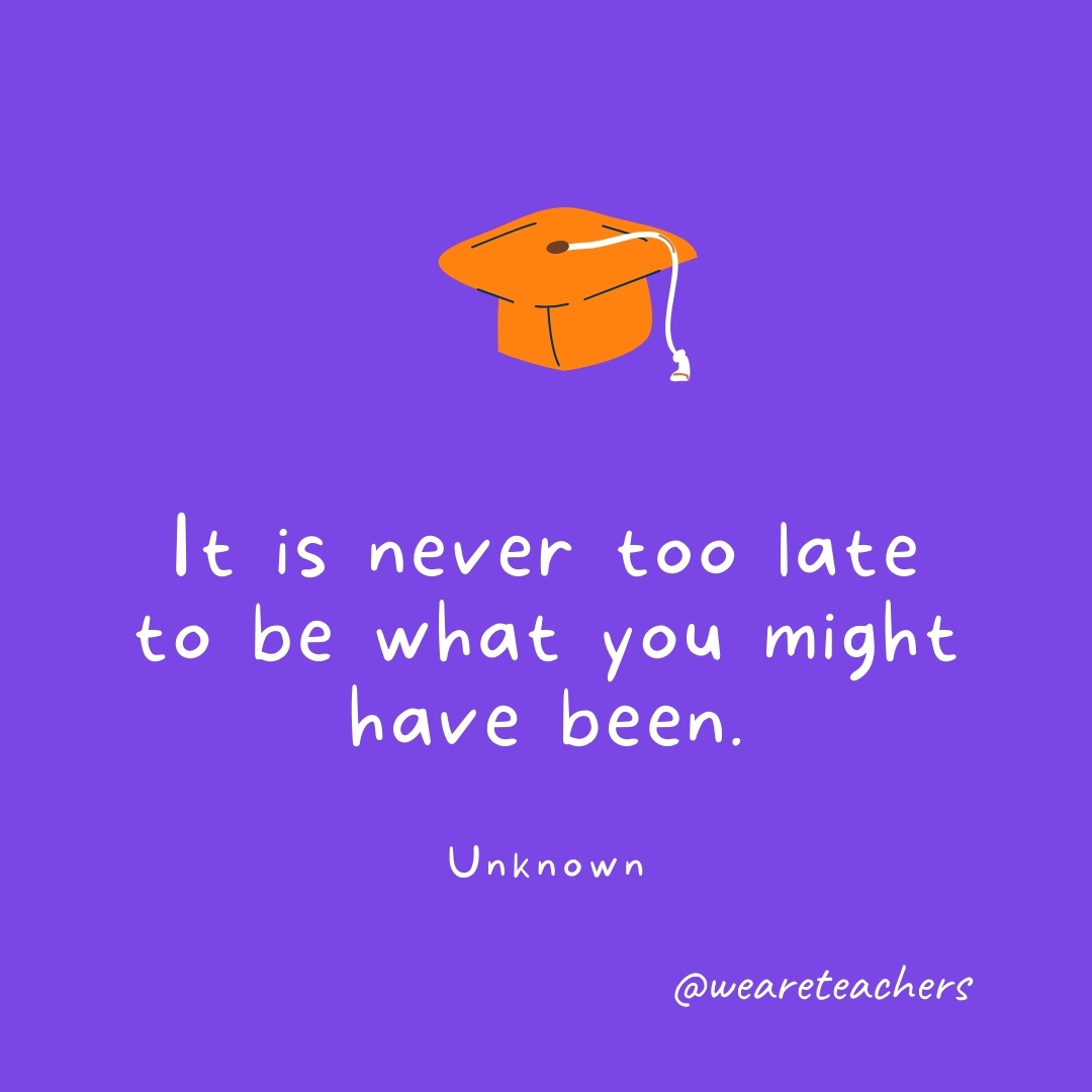 It is never too late to be what you might have been. —Unknown Graduation Quotes: It is never too late to be what you might have been. —Unknown
