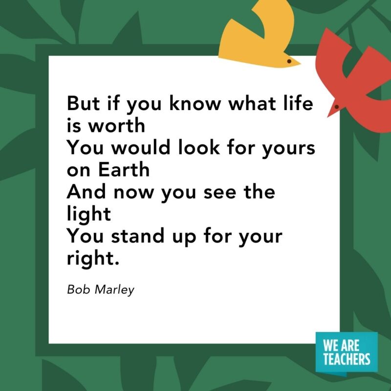 But if you know what life is worth
You would look for yours on Earth
And now you see the light
You stand up for your right. — Bob Marley