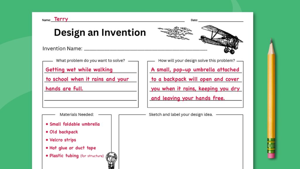 Image of the design and invention worksheet filled out with a sample invention idea