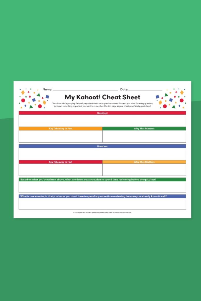 Kahoot! worksheet reflection page
