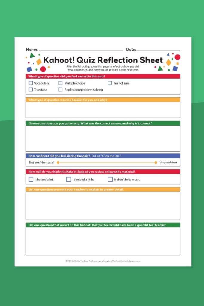 Kahoot! worksheet quiz reflection sheet