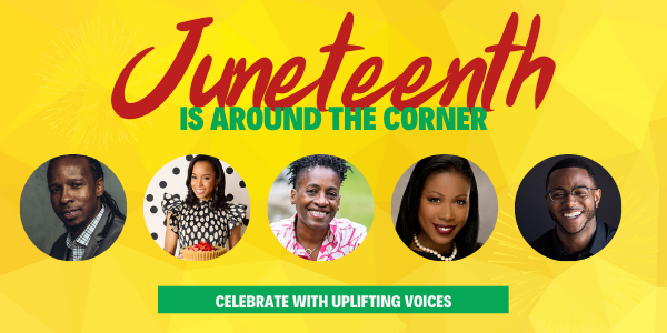 Juneteenth Speakers Headshots of five Juneteenth speakers on a yellow background.