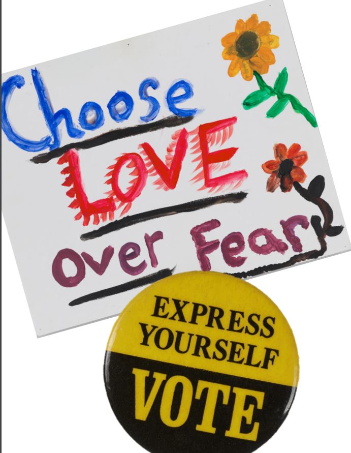 Juneteenth Poster Choose Love Over Fear poster and Express Yourself, Vote button as examples of Juneteenth activities
