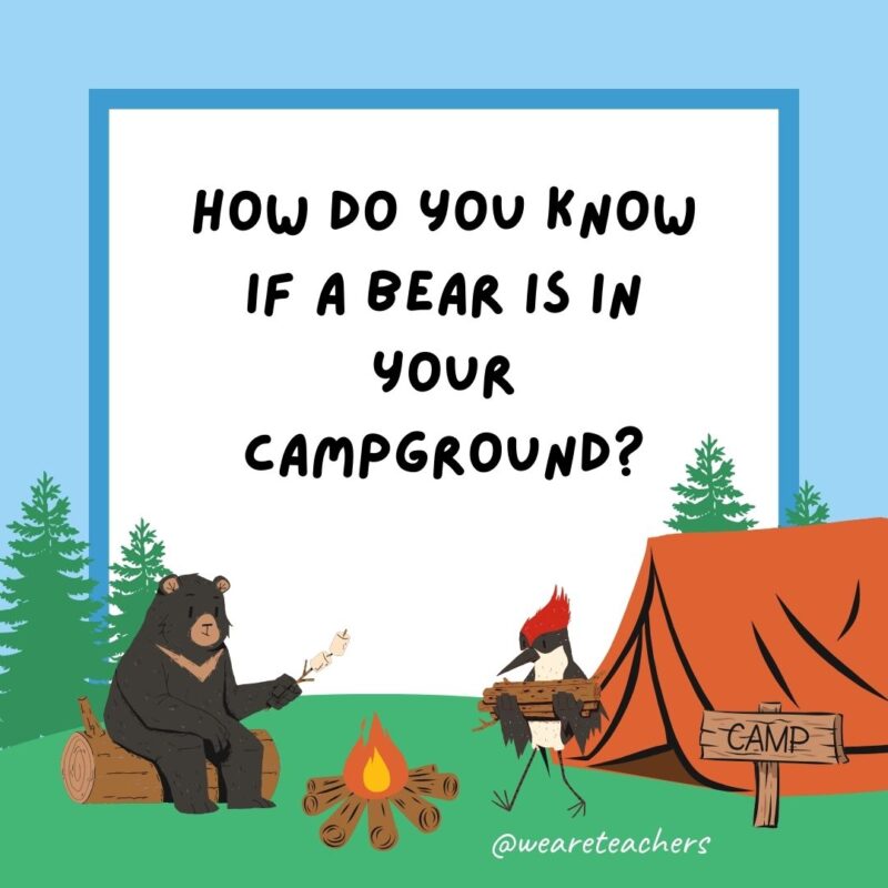 Camping jokes: How do you know if a bear is in your campground? You’ll see paw-sitive evidence. Camping jokes: How do you know if a bear is in your campground? You'll see paw-sitive evidence.