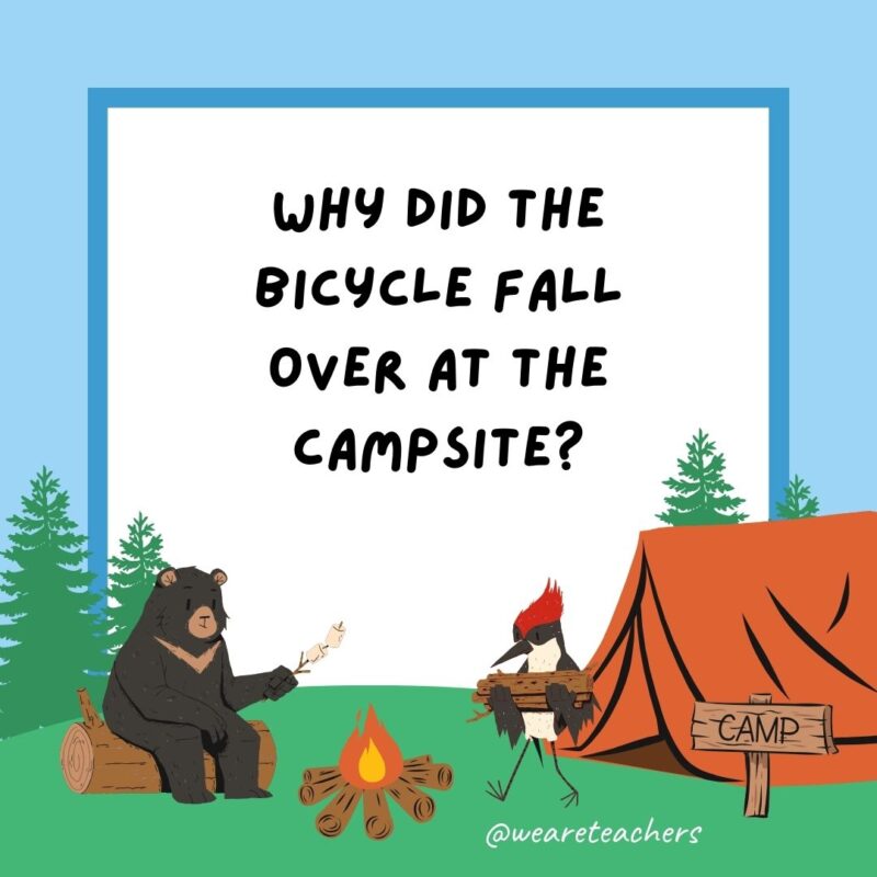 Why did the bicycle fall over at the campsite? Because it was two-tired. Why did the bicycle fall over at the campsite? Because it was two-tired.