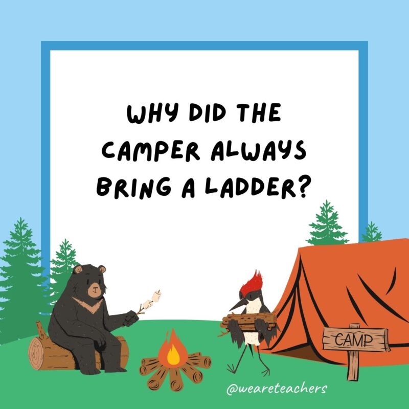 Why did the camper always bring a ladder? To raise the camping experience to new heights. Why did the camper always bring a ladder? To raise the camping experience to new heights.