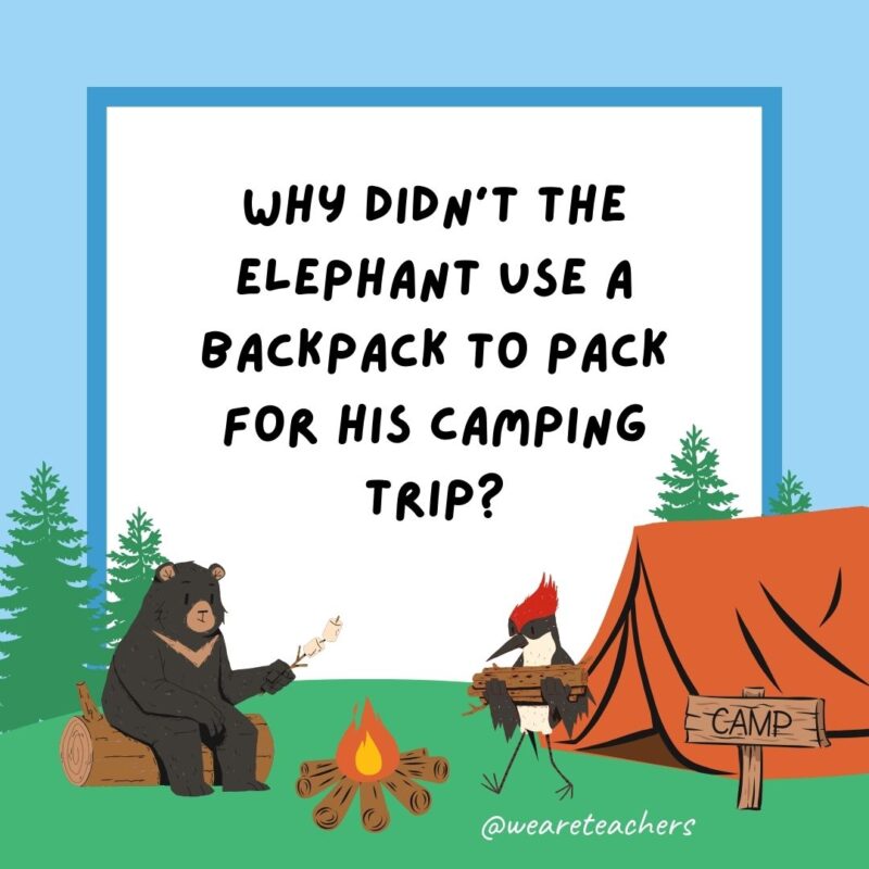 Camping jokes: Why didn’t the elephant use a backpack to pack for his camping trip? He wanted to use his trunk. Camping jokes: Why didn’t the elephant use a backpack to pack for his camping trip? He wanted to use his trunk.