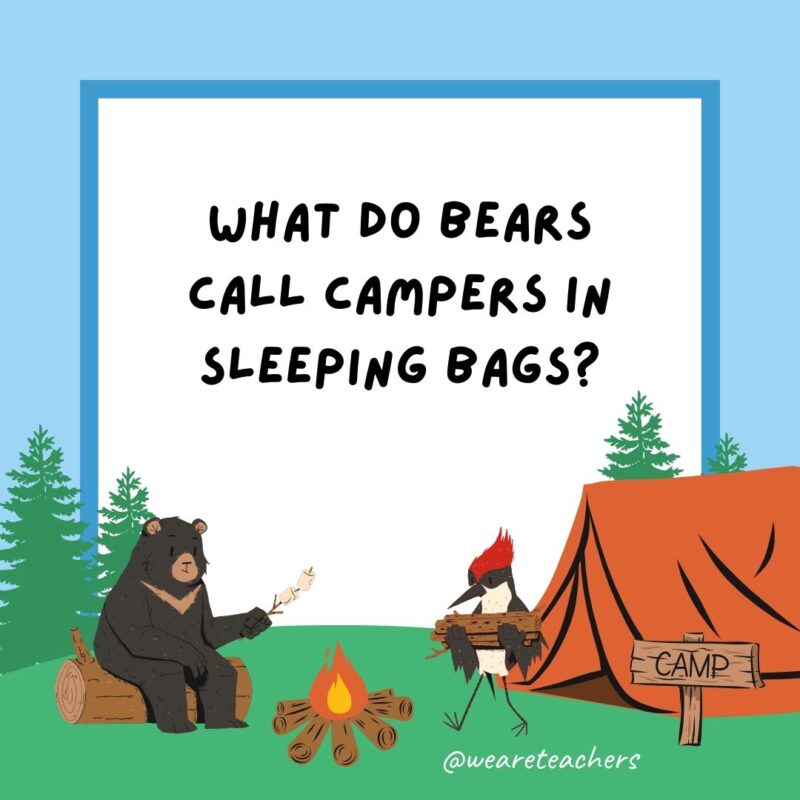 What do bears call campers in sleeping bags? Burritos. What do bears call campers in sleeping bags? Burritos.