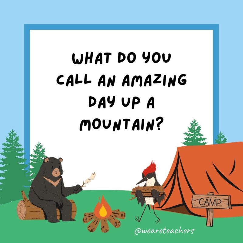 Camping jokes: What do you call an amazing day up a mountain? A peak experience. Camping jokes: What do you call an amazing day up a mountain? A peak experience.