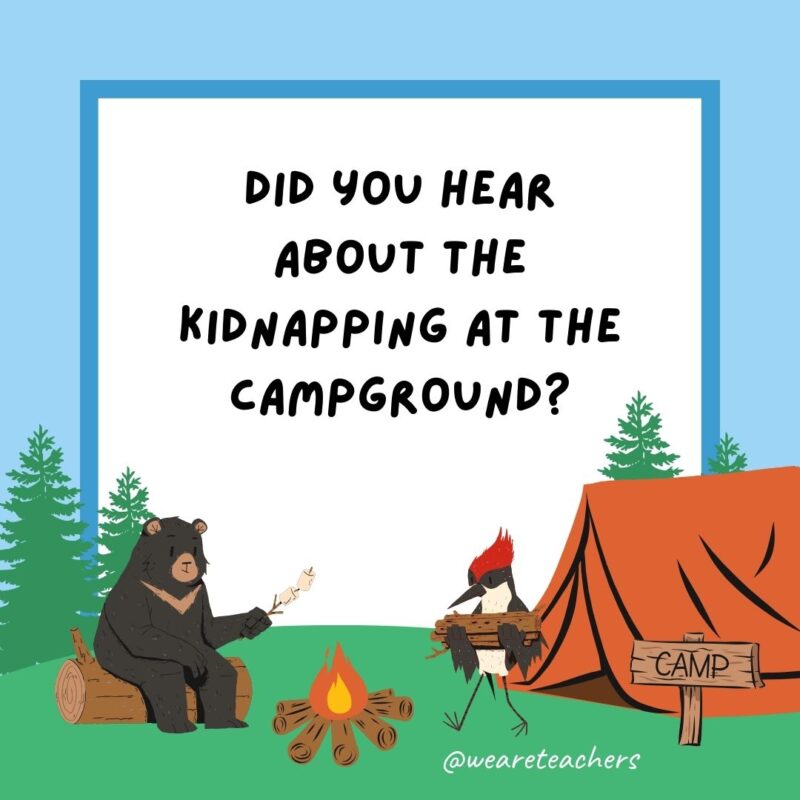 Did you hear about the kidnapping at the campground? It’s alright—he woke up. Did you hear about the kidnapping at the campground? It’s alright—he woke up.