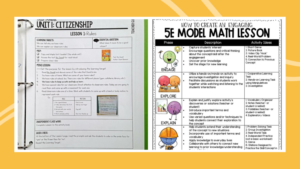 Lesson plan examples including an elementary history plan and a 5E model plan