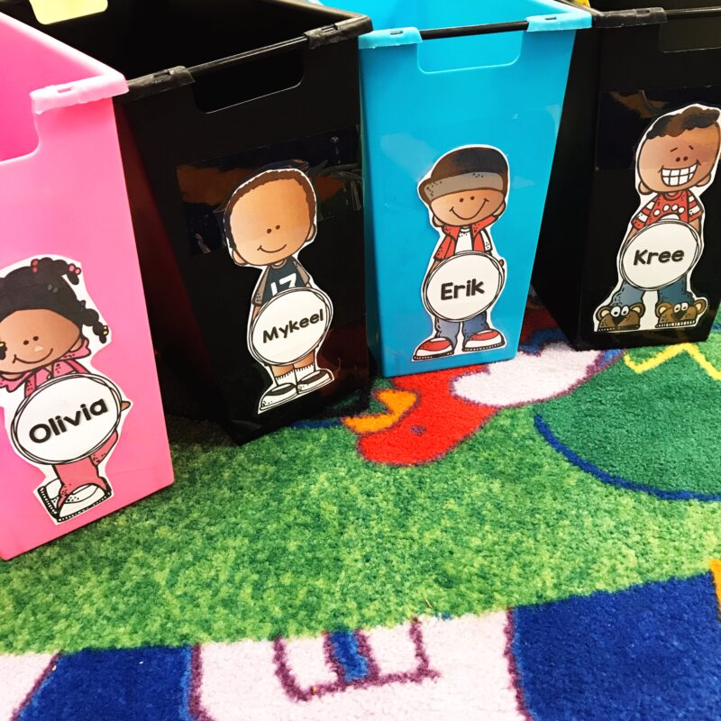 Personalized student book bins.