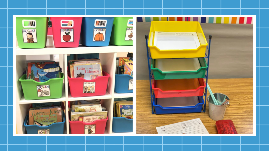 Library book bins and writing center organization bins.