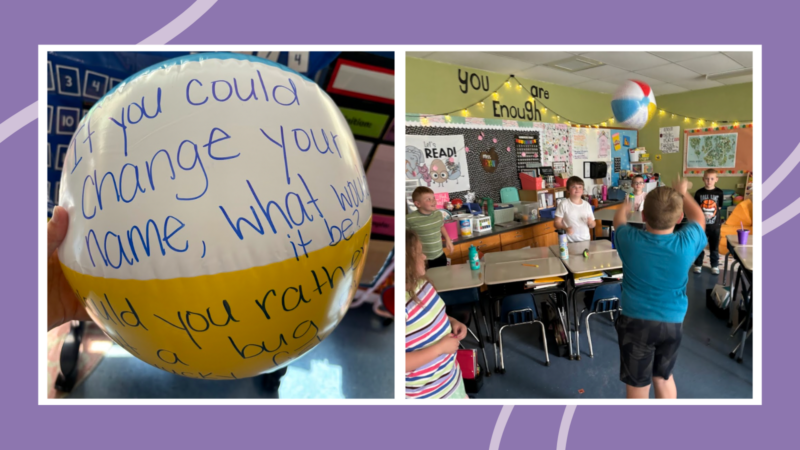 Active Icebreakers: Beach Ball Toss Collage of beach ball with icebreaker questions written on it, and students tossing the ball