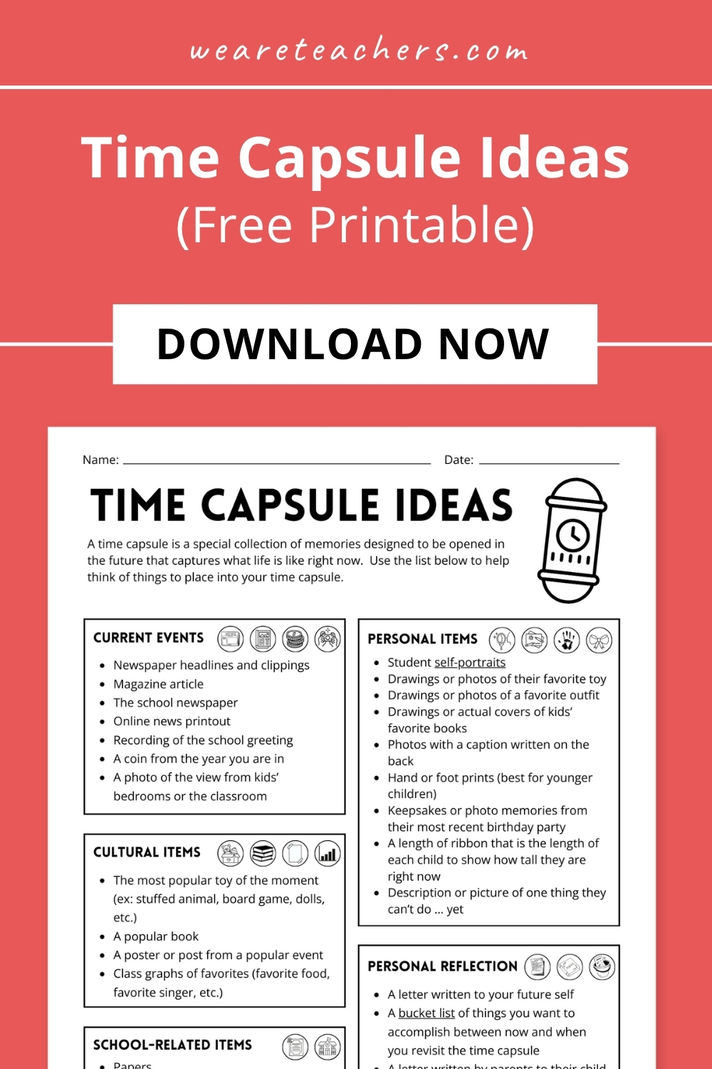 WeAreTeachers_Article_Time Capsule_Pinterest Pin Whether you're doing a school-year time capsule or have a longer timeline, use these time capsule ideas to create something to remember.