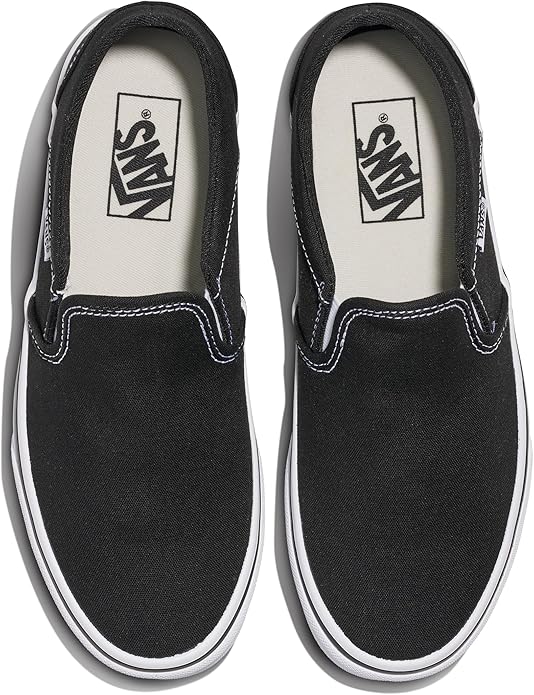 Vans Asher slip-on shoes in black with white soles