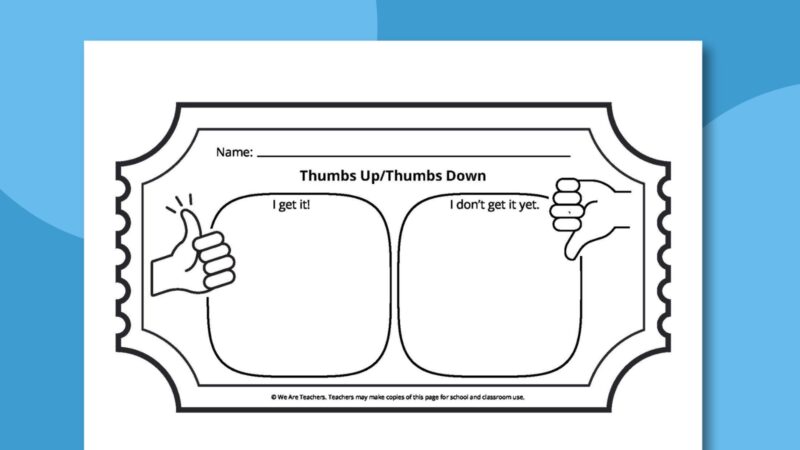 An outline of a ticket with thumbs up on one side and thumbs down on the other with room for students to write 
