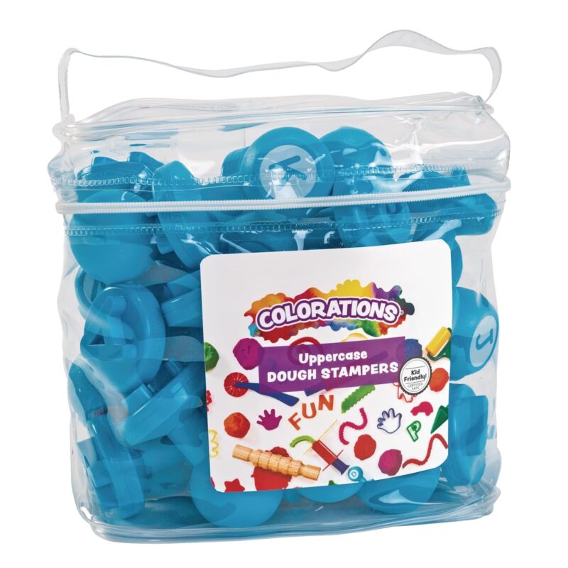 alphabet-stampers A clear plastic bin holding teal plastic alphabet stamps