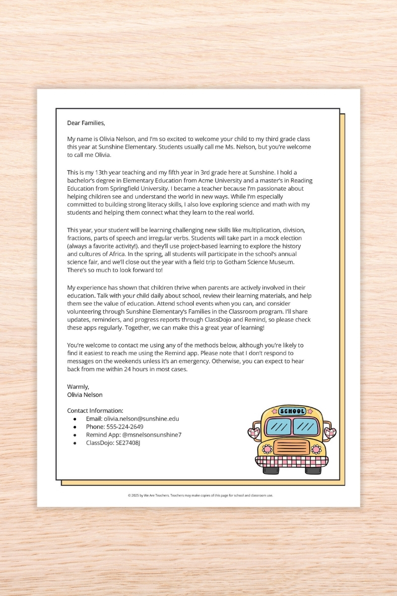 Preschool teacher introduction letter to parents