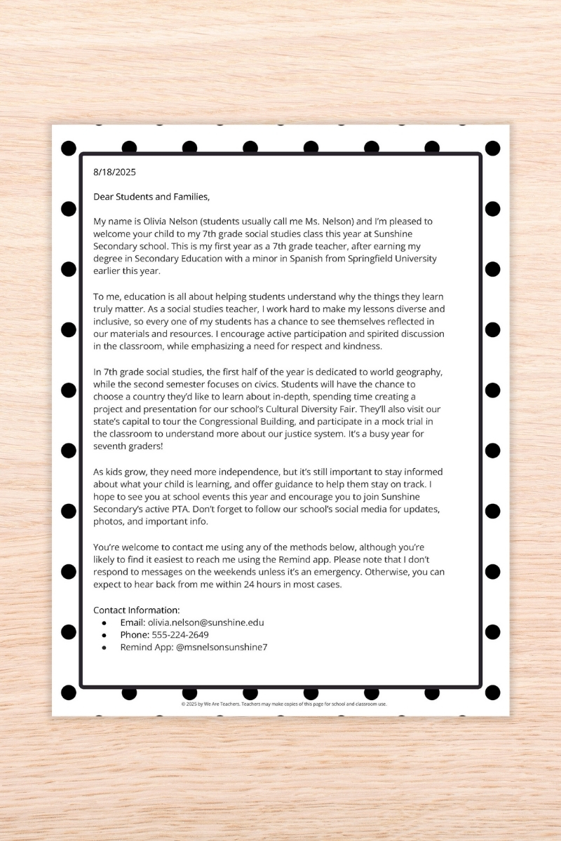 High school teacher introduction letter to parents