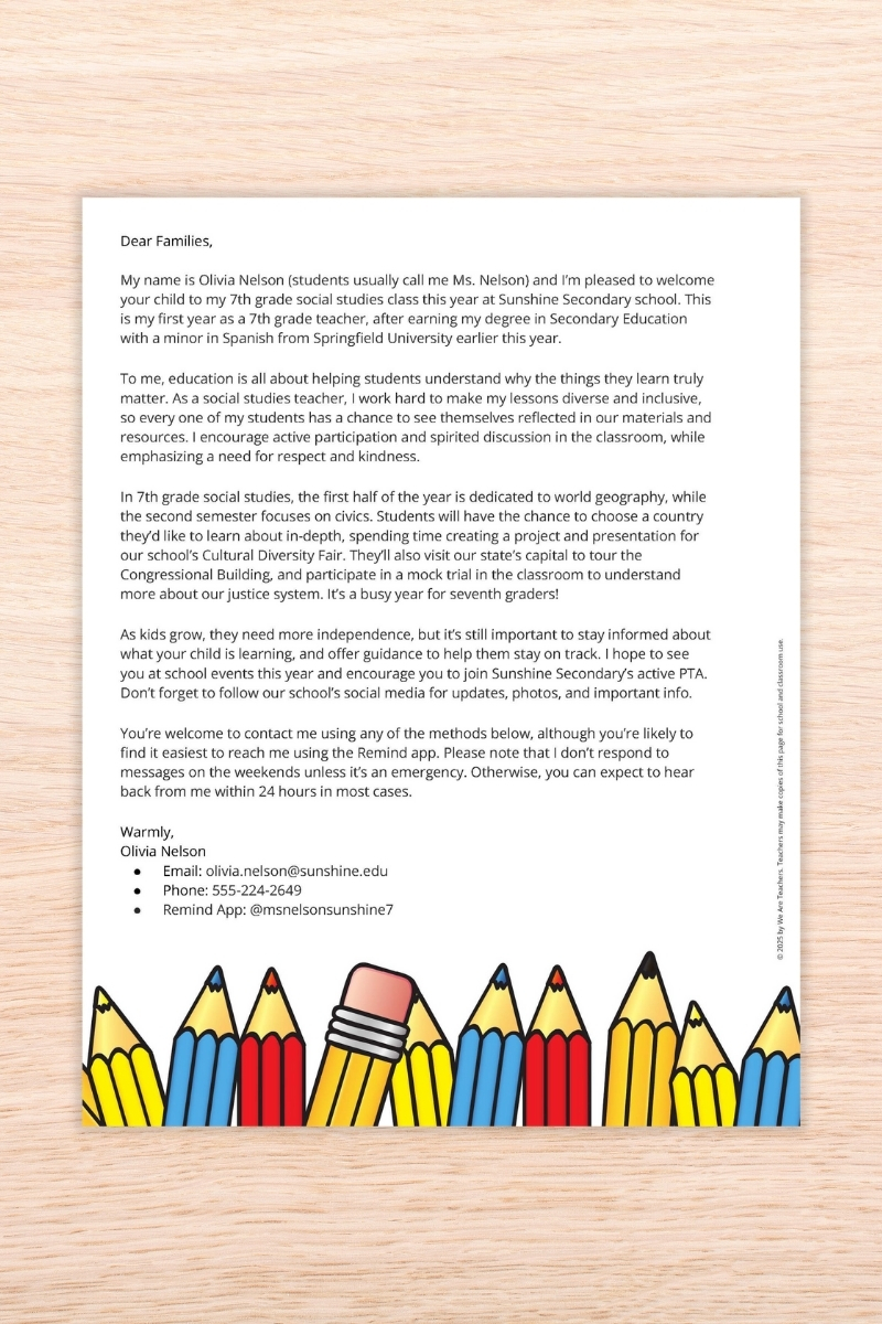 Middle School teacher introduction letter to parents