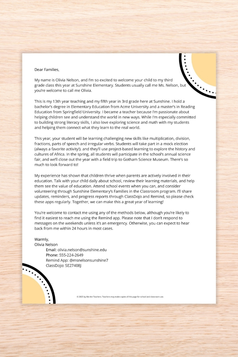 Elementary teacher introduction letter to parents