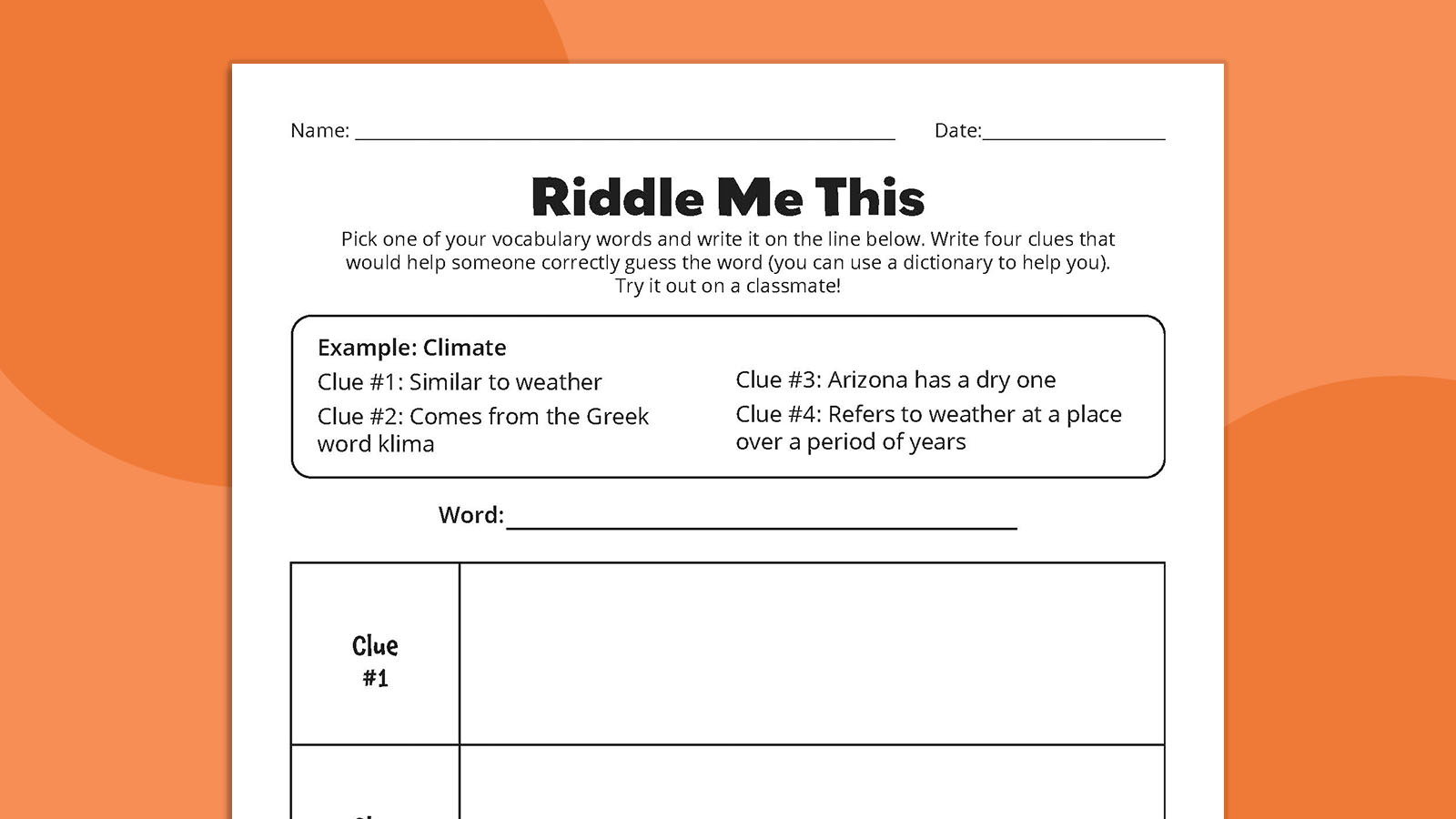 Flat lay of Riddle Me This worksheet