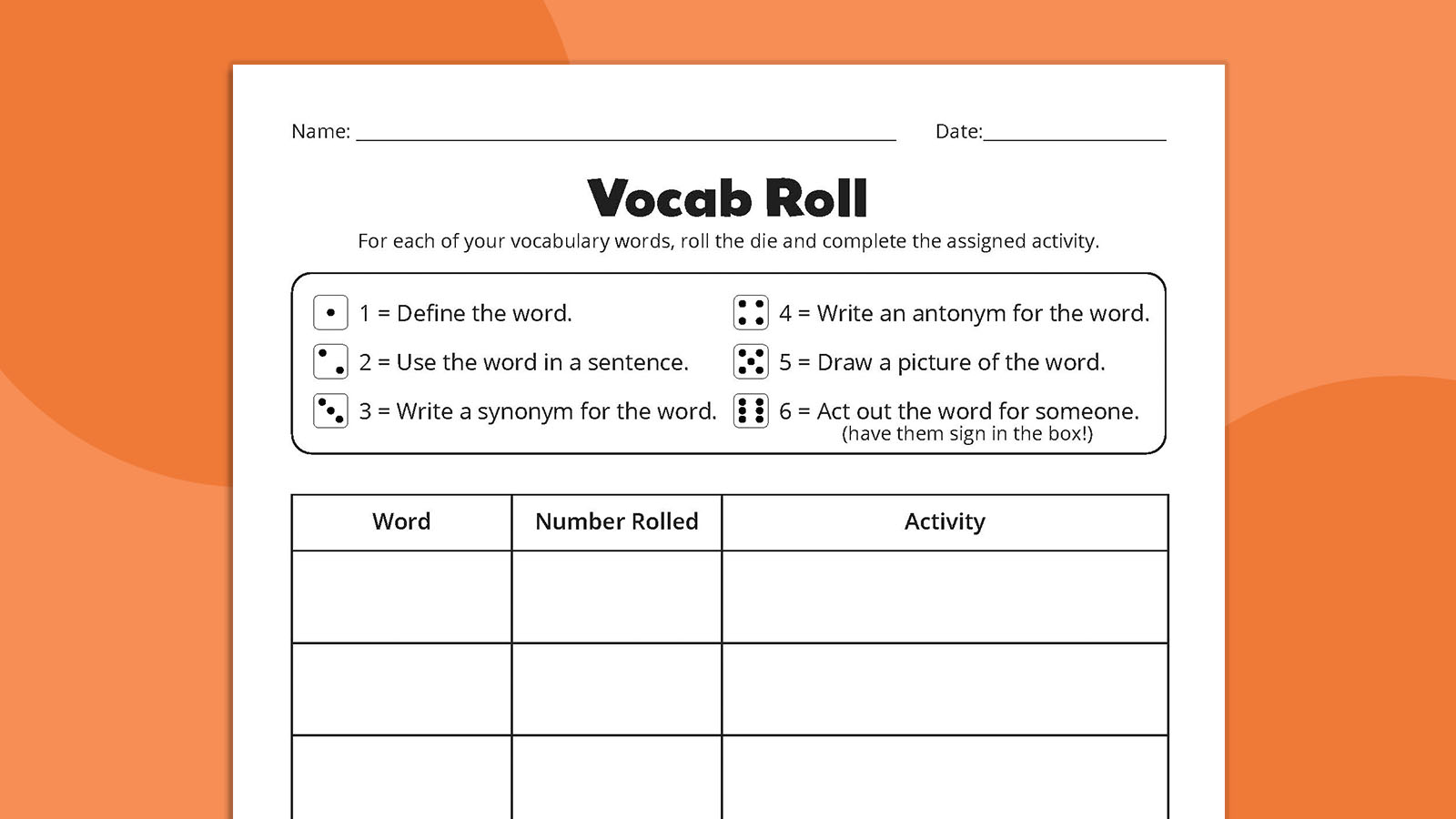 Flat lay of Vocab Roll worksheet
