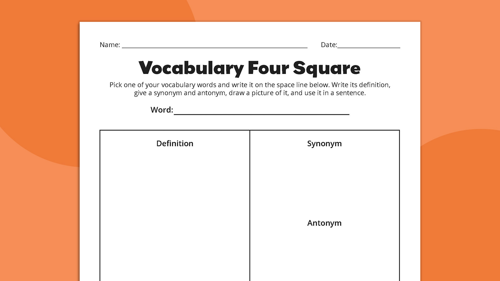 Flat lay of Vocabulary Four Square worksheet
