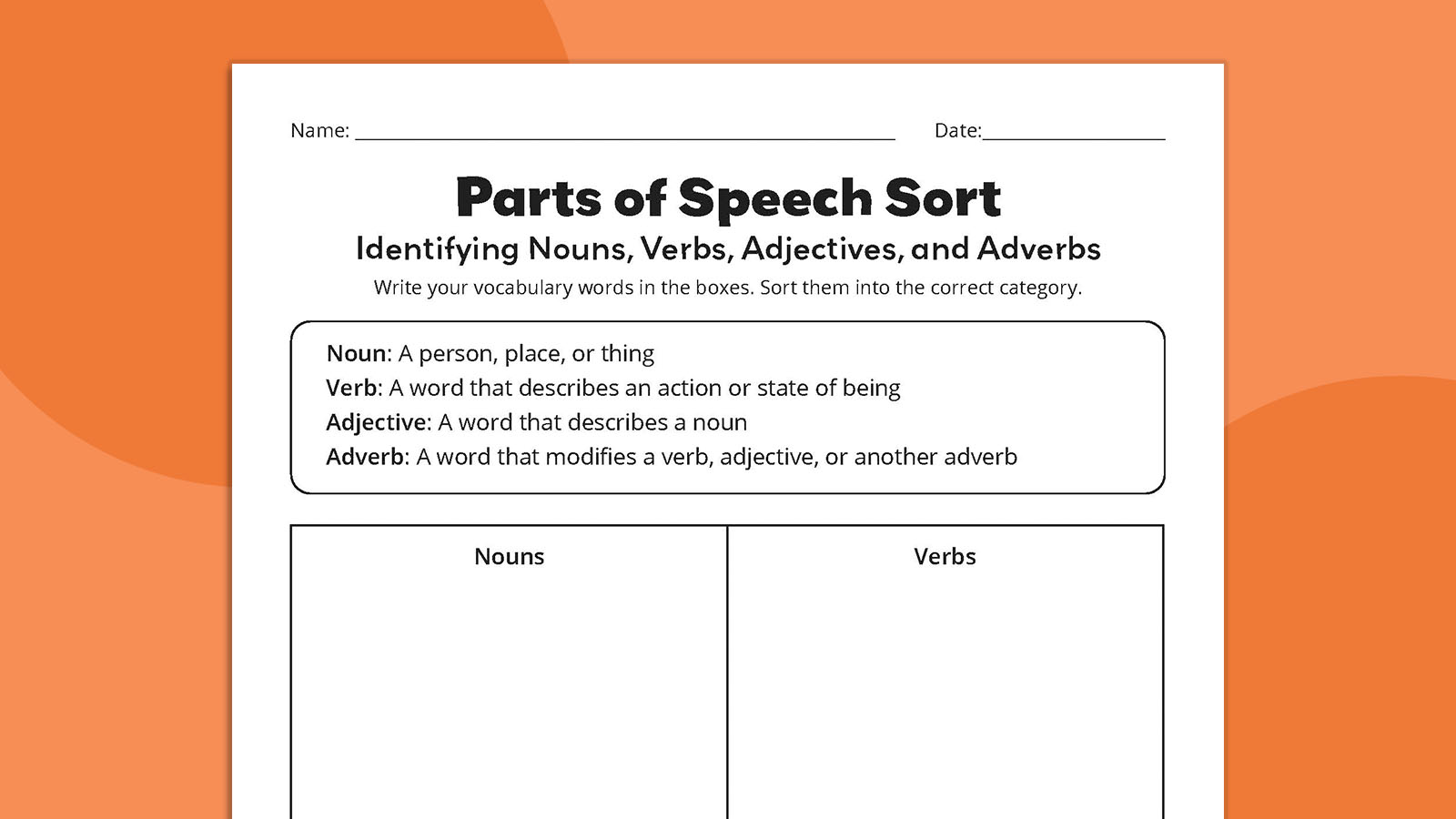 Flat lay of Parts of Speech Sort worksheet