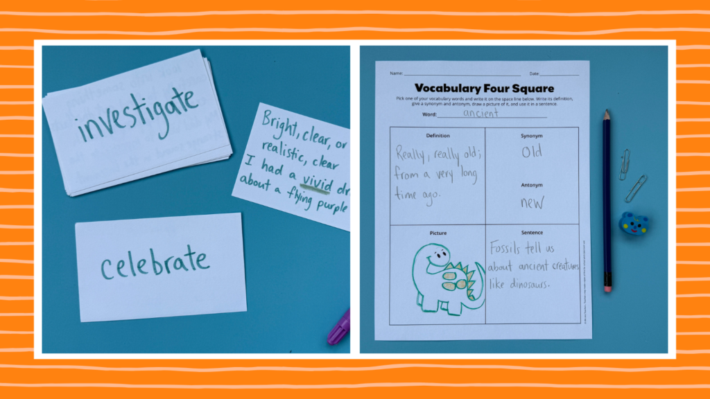 Examples of vocabulary activities including a sketching worksheet and vocabulary flashcards
