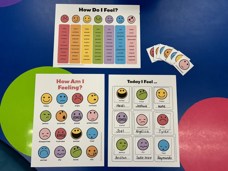 Printable feelings chart on a colorful background in a classroom.