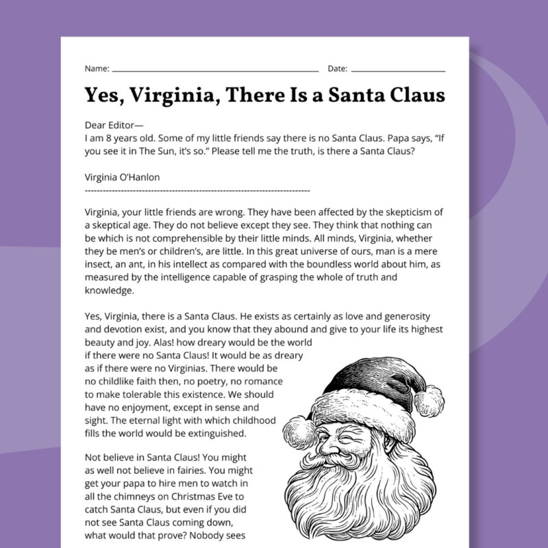 Printable worksheet of Yes, Virginia, There is a Santa Claus