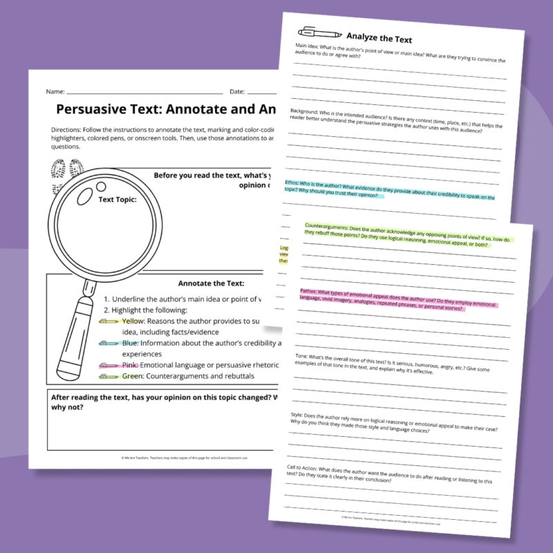 Flat lay of persuasive essay worksheet for analyzing and annotating text